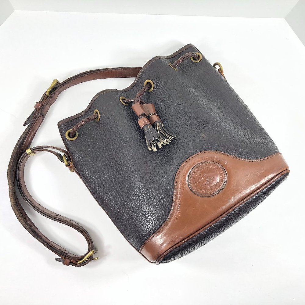 Dooney & Bourke Large Pebbled Leather Bucket Bag Purse Vintage Dark Brown Tassel